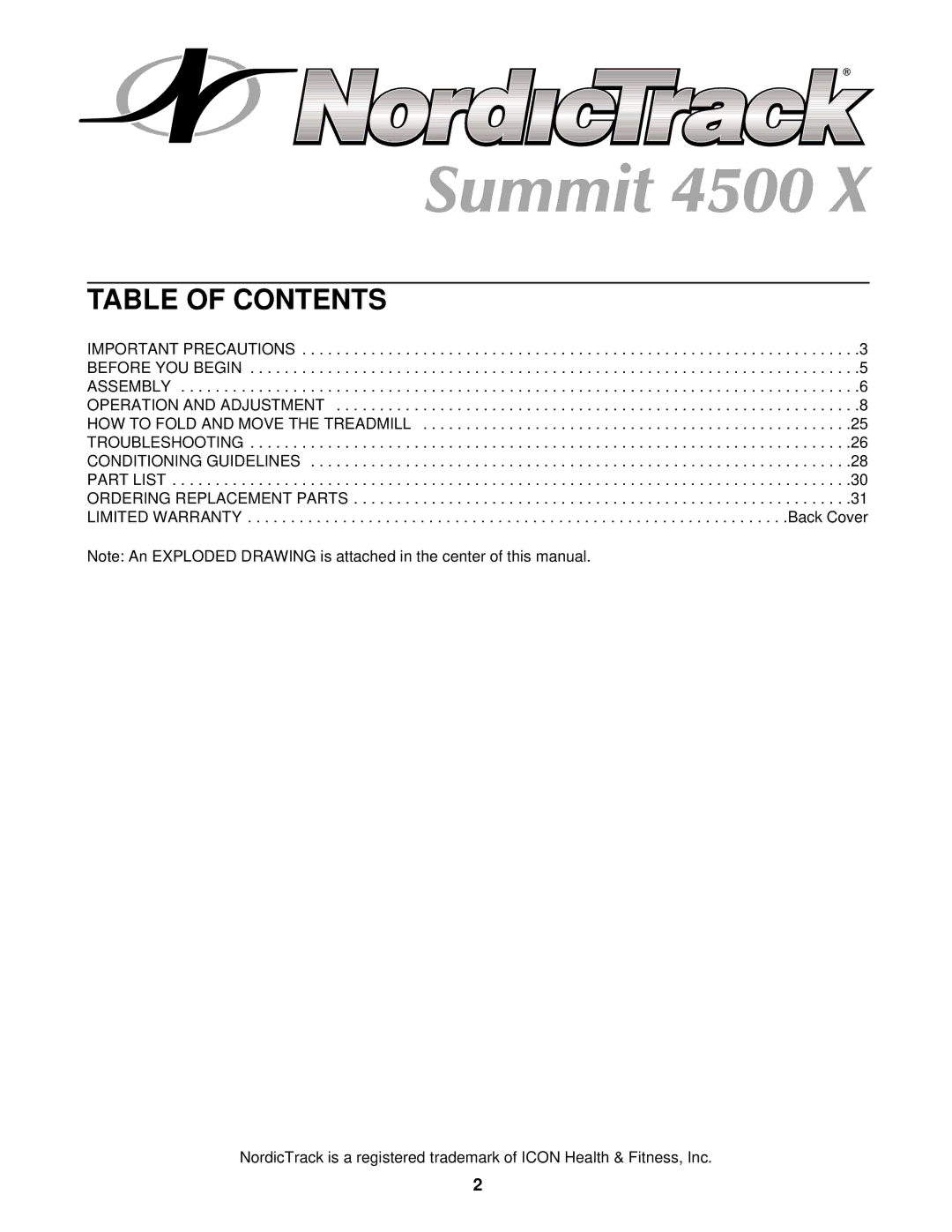 NordicTrack NTTL15020 user manual Table of Contents 