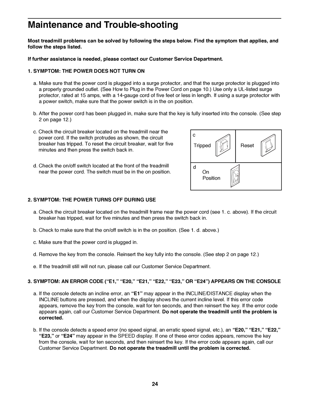 NordicTrack NTTL15083 manual Maintenance and Trouble-shooting, Symptom the Power does not Turn on 