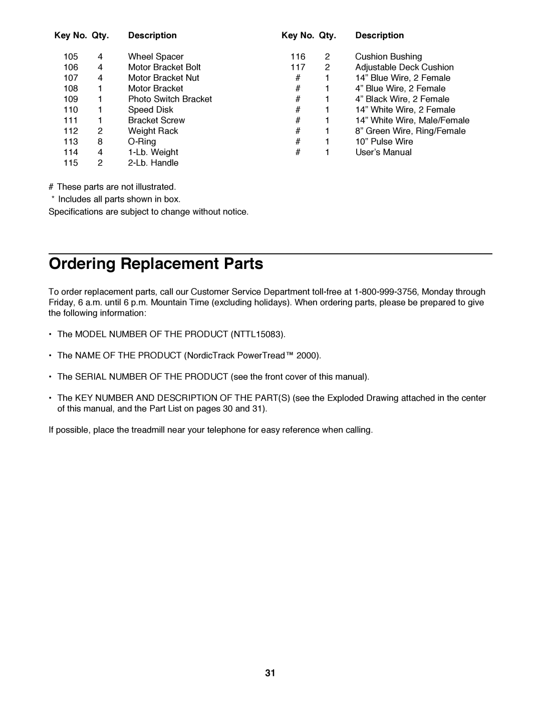 NordicTrack NTTL15083 manual Ordering Replacement Parts 