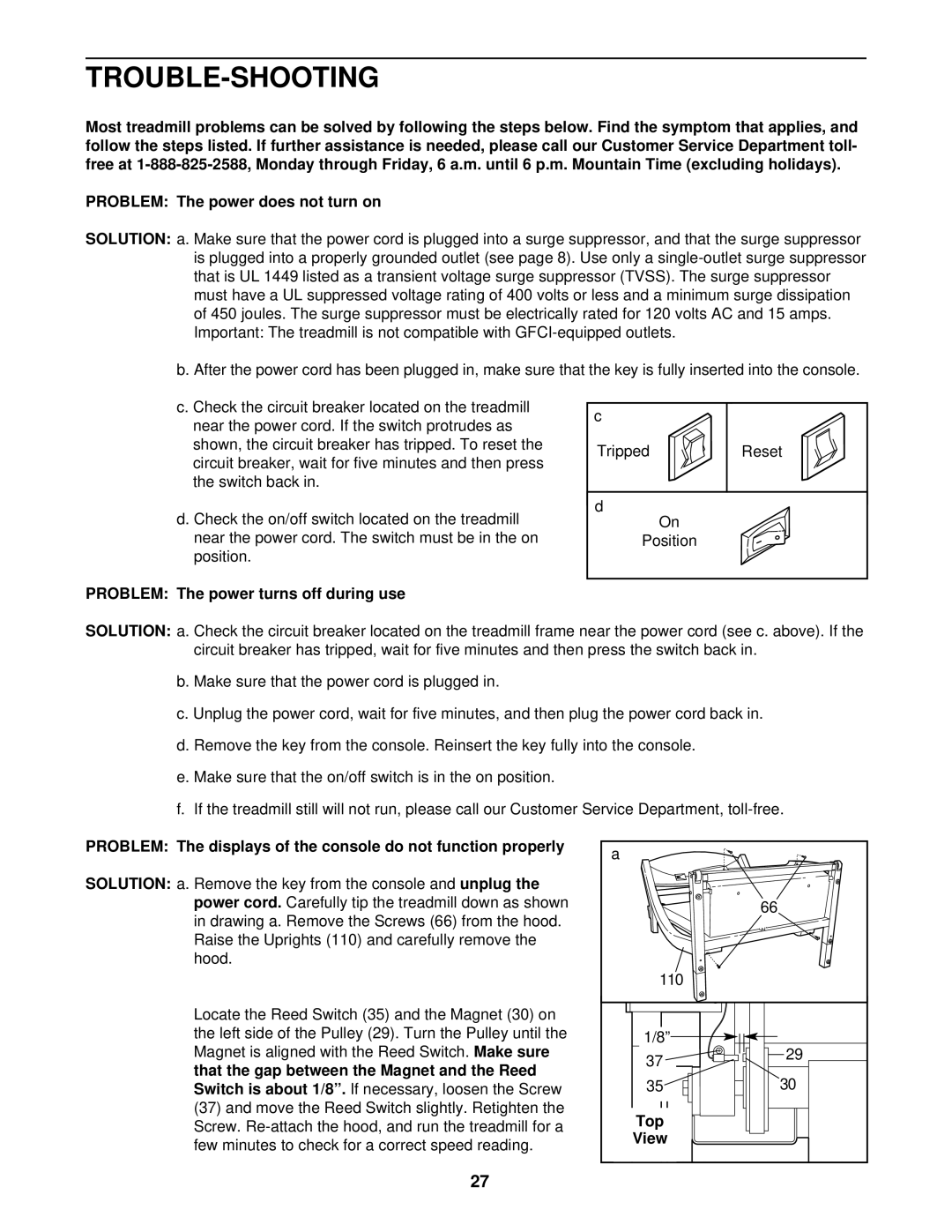 NordicTrack NTTL15510 manual Trouble-Shooting, Problem The power turns off during use, Top 