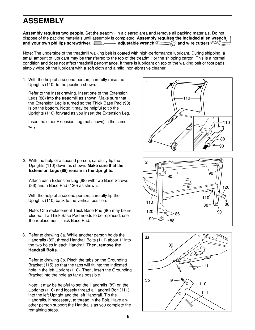 NordicTrack NTTL15510 manual Assembly, Extension Legs 88 remain in the Uprights, Handrail Bolts 