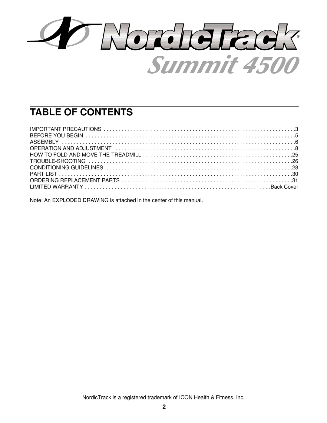 NordicTrack NTTL16901 manual Table of Contents 