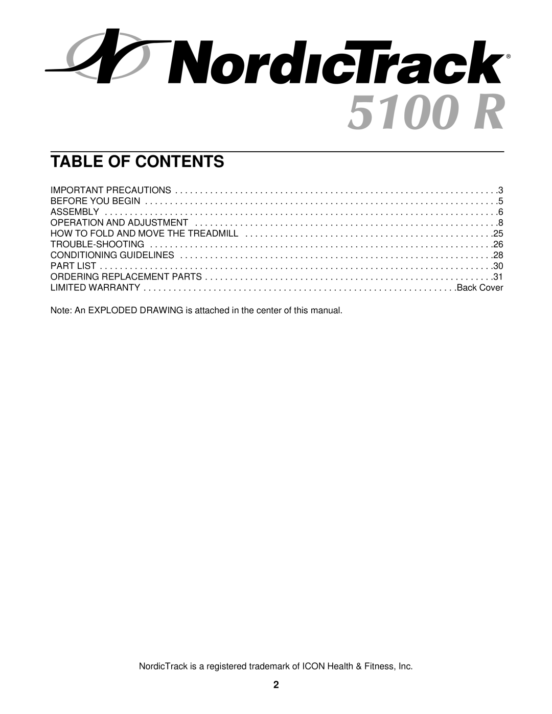 NordicTrack NTTL18510 manual Table of Contents 