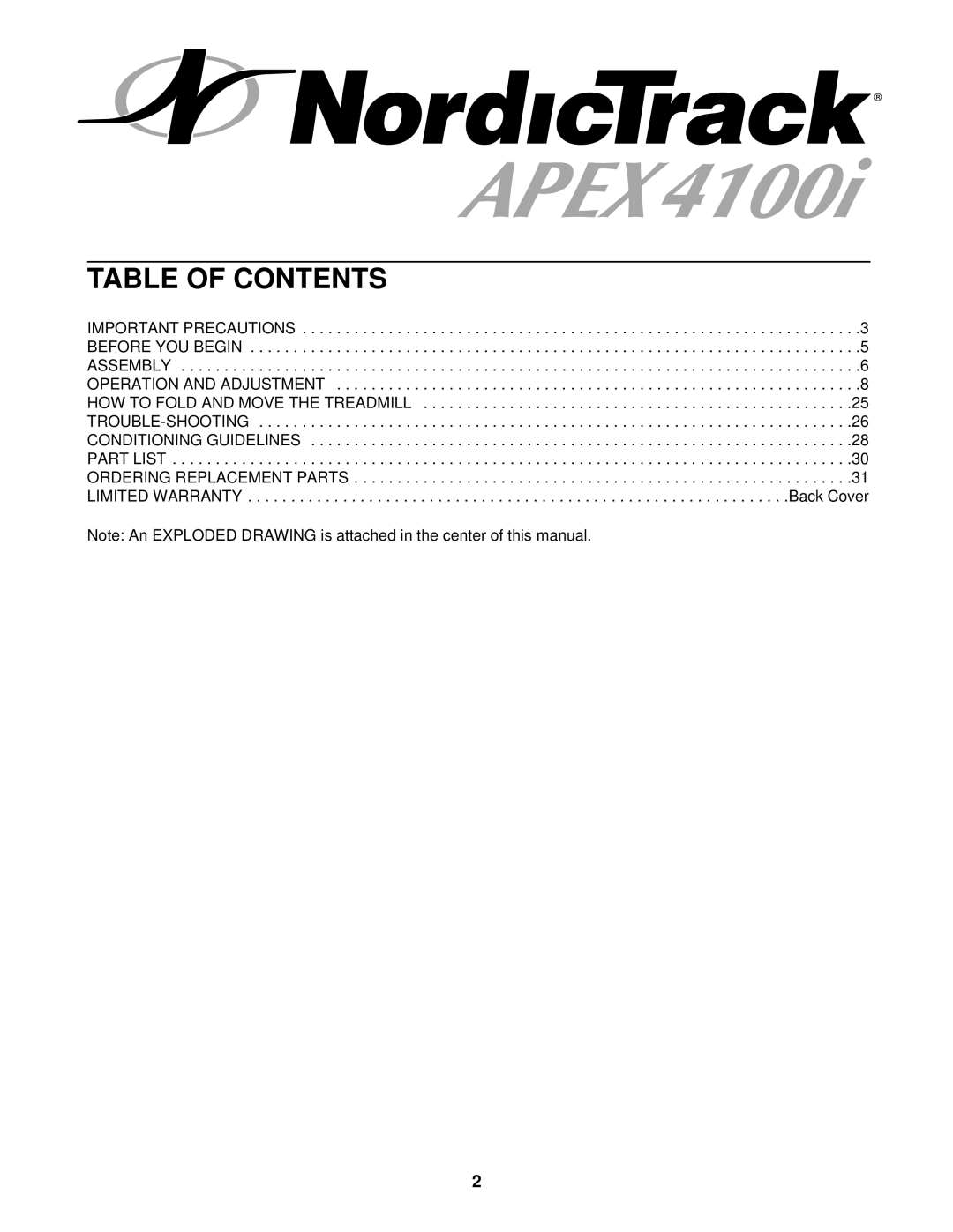 NordicTrack NTTL18900 user manual Table of Contents 