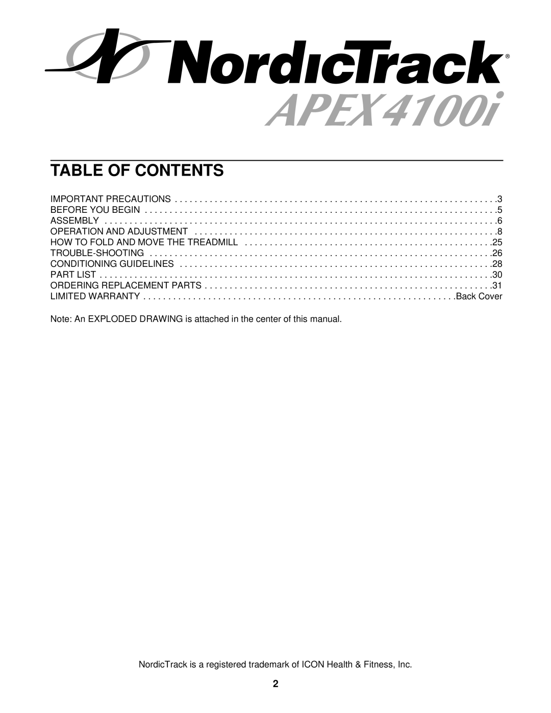 NordicTrack NTTL18903 user manual Table of Contents 