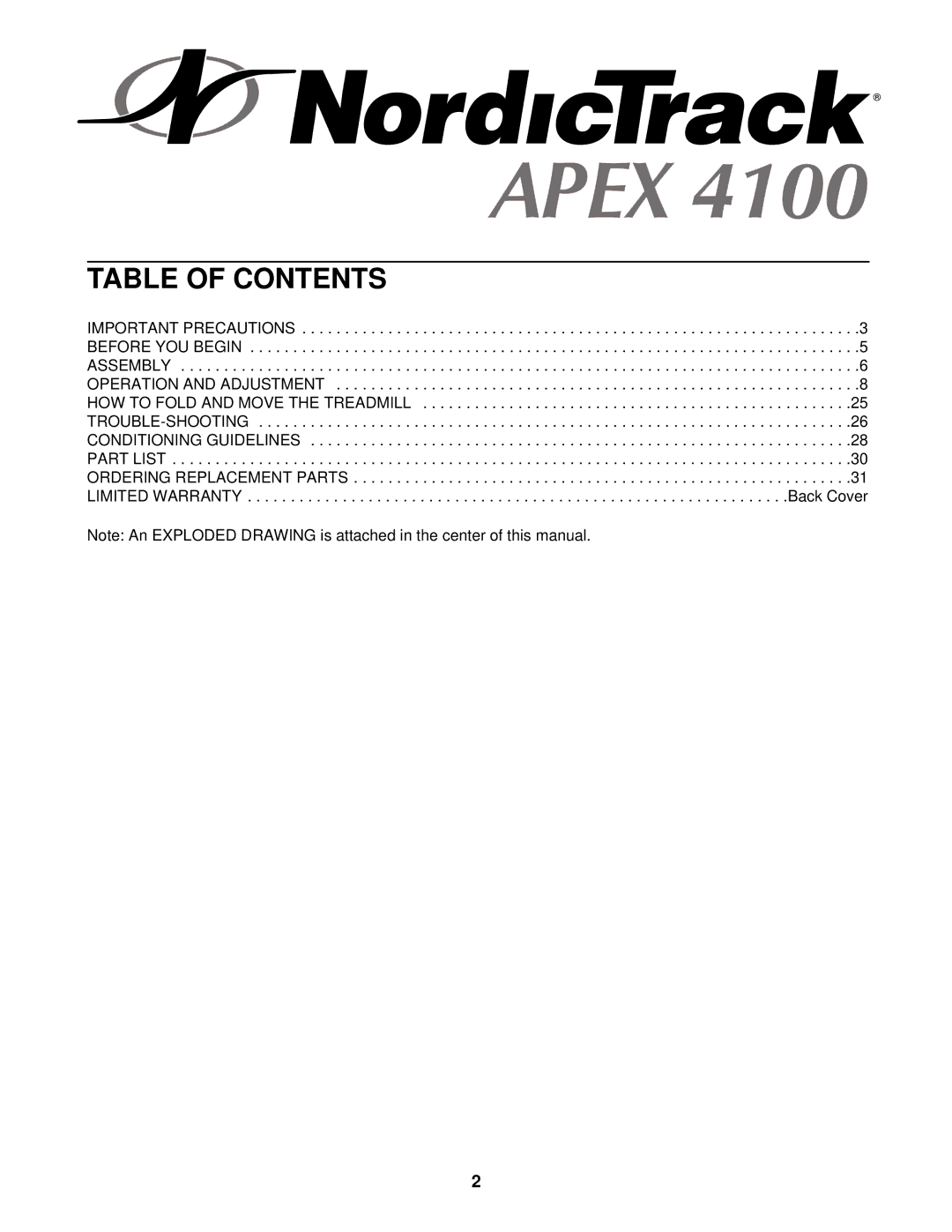 NordicTrack NTTL18991 manual Table of Contents 