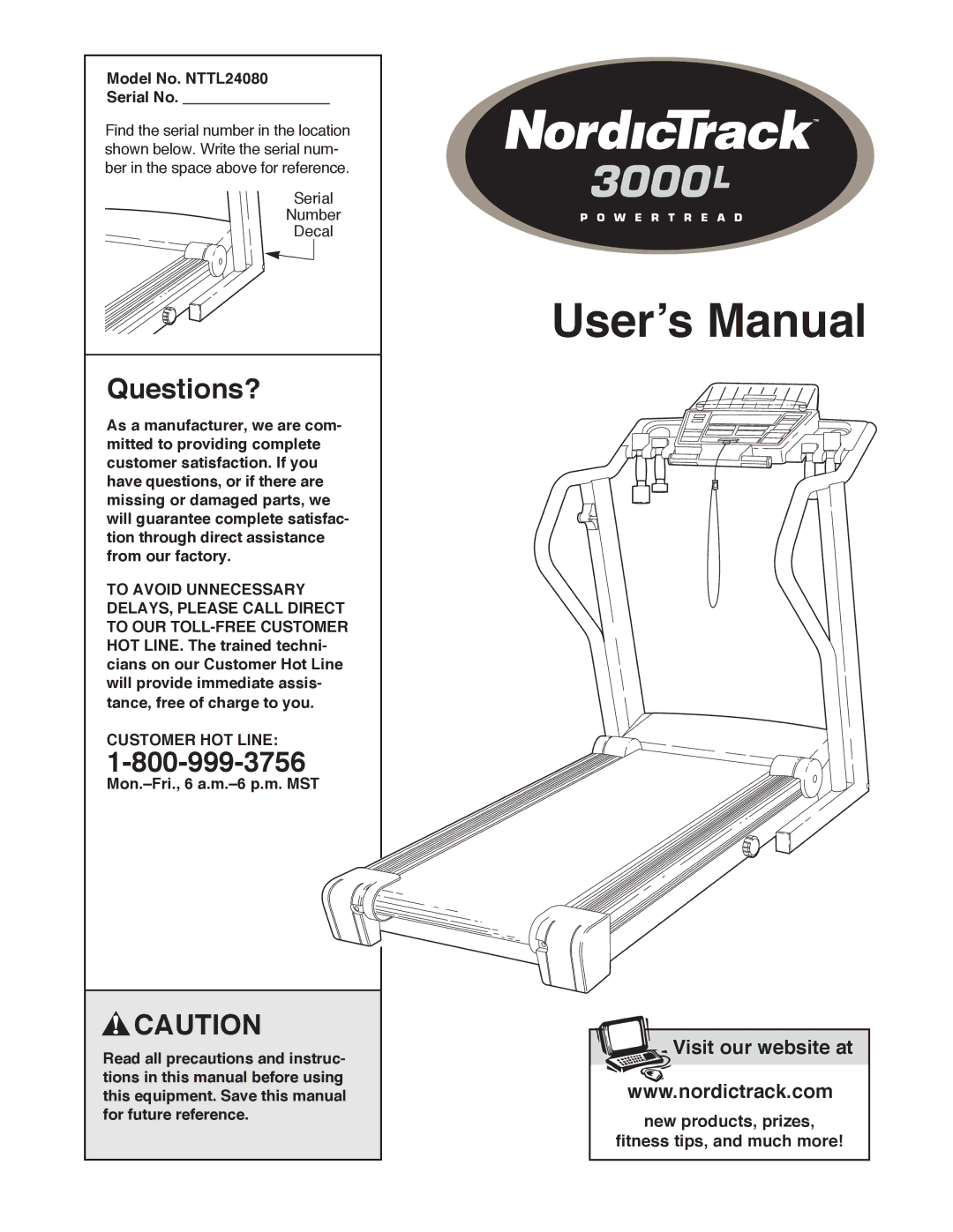 NordicTrack manual Questions?, Model No. NTTL24080 Serial No, Customer HOT Line 