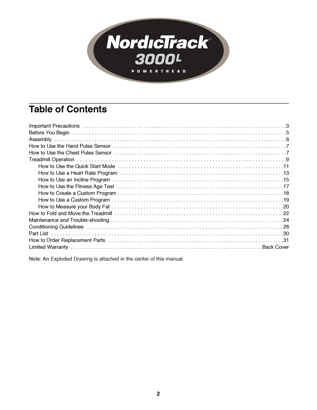 NordicTrack NTTL24080 manual Table of Contents 