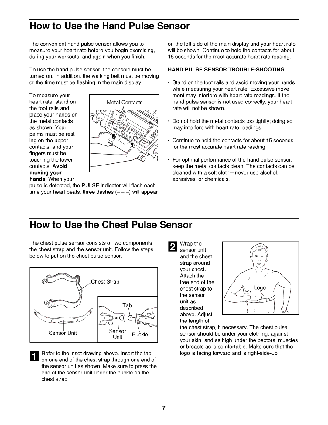 NordicTrack NTTL24080 manual How to Use the Hand Pulse Sensor, How to Use the Chest Pulse Sensor 