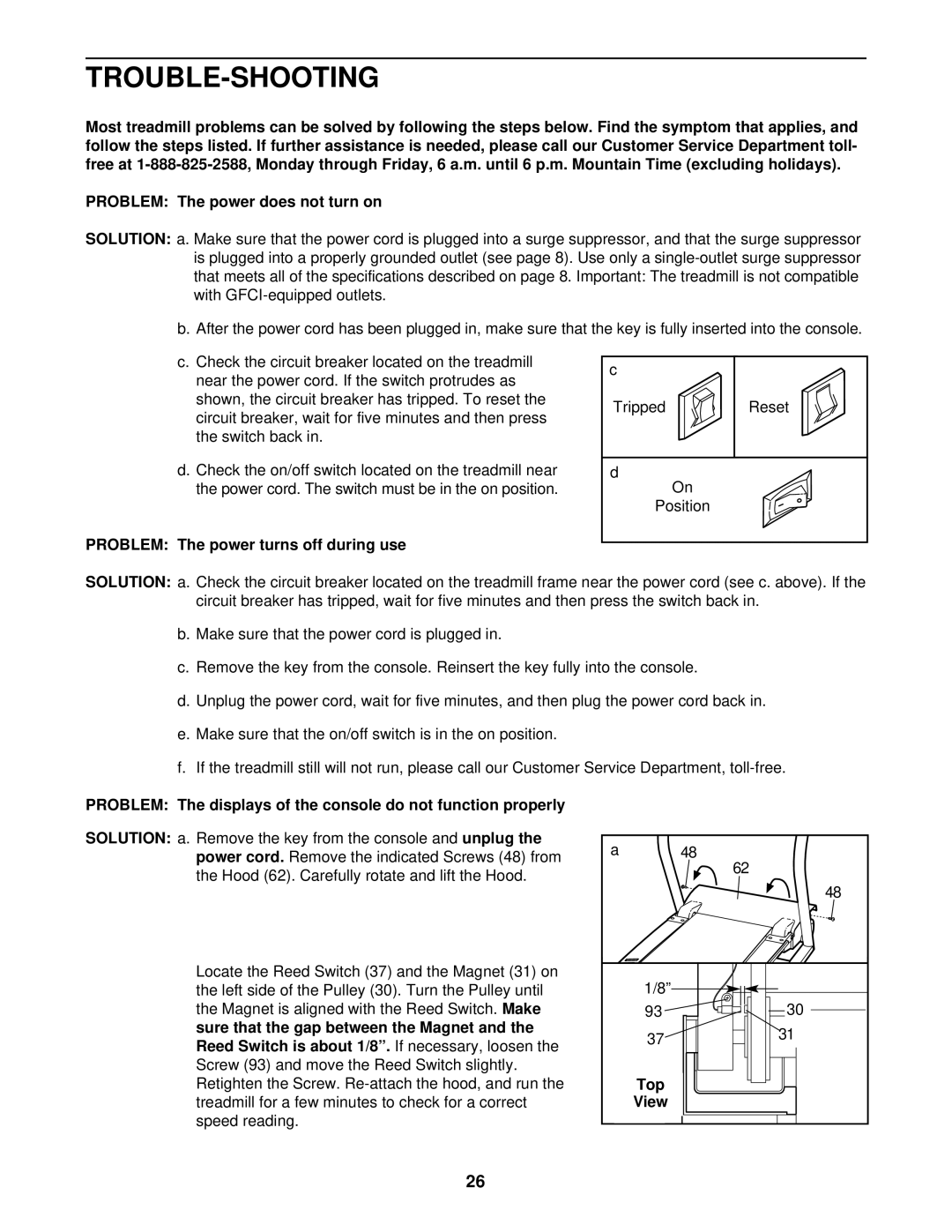 NordicTrack NTTL25510 manual Trouble-Shooting, Problem The power turns off during use, Top, View 