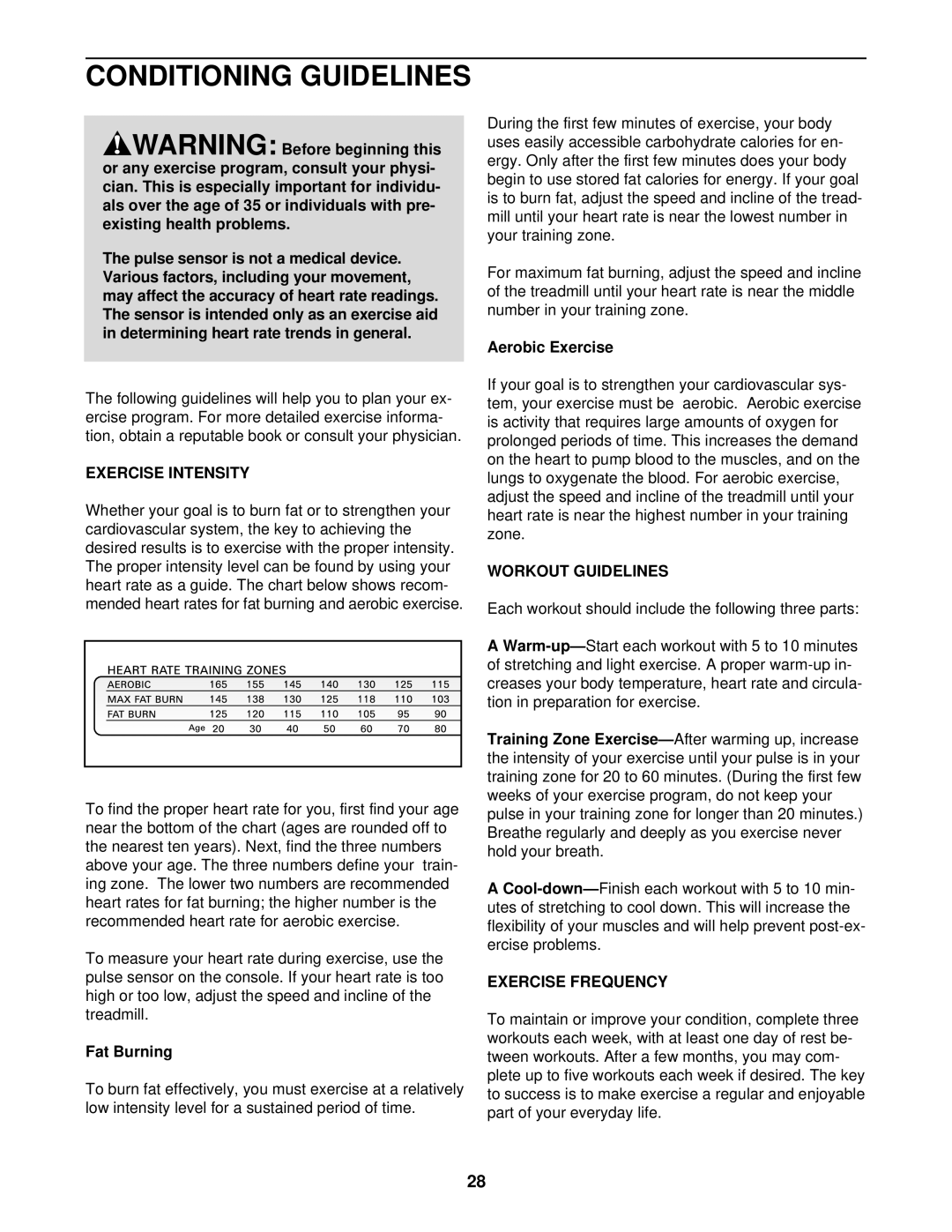 NordicTrack NTTL25512 manual Conditioning Guidelines, Exercise Intensity, Workout Guidelines, Exercise Frequency 