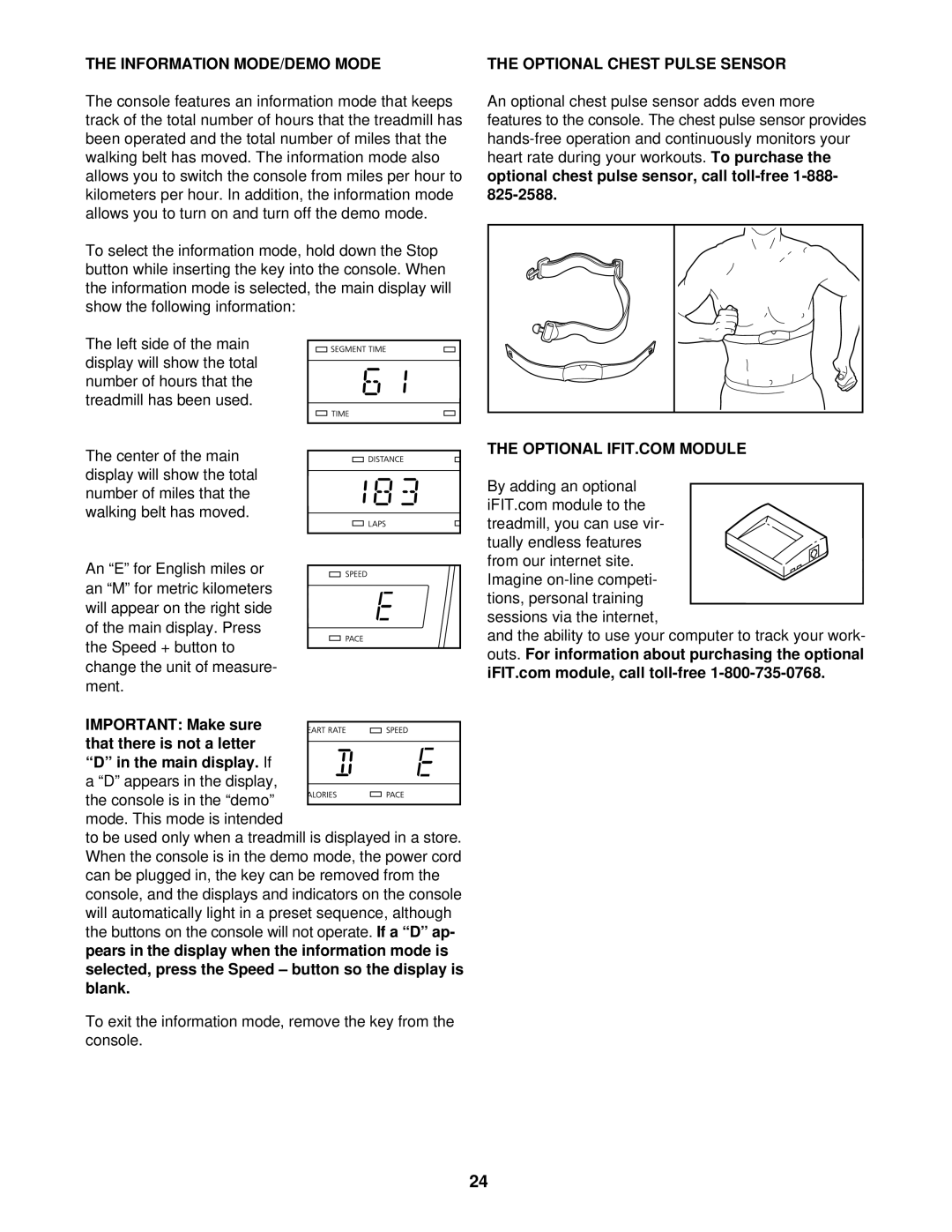 NordicTrack NTTL25900 manual Information MODE/DEMO Mode, Optional Chest Pulse Sensor 