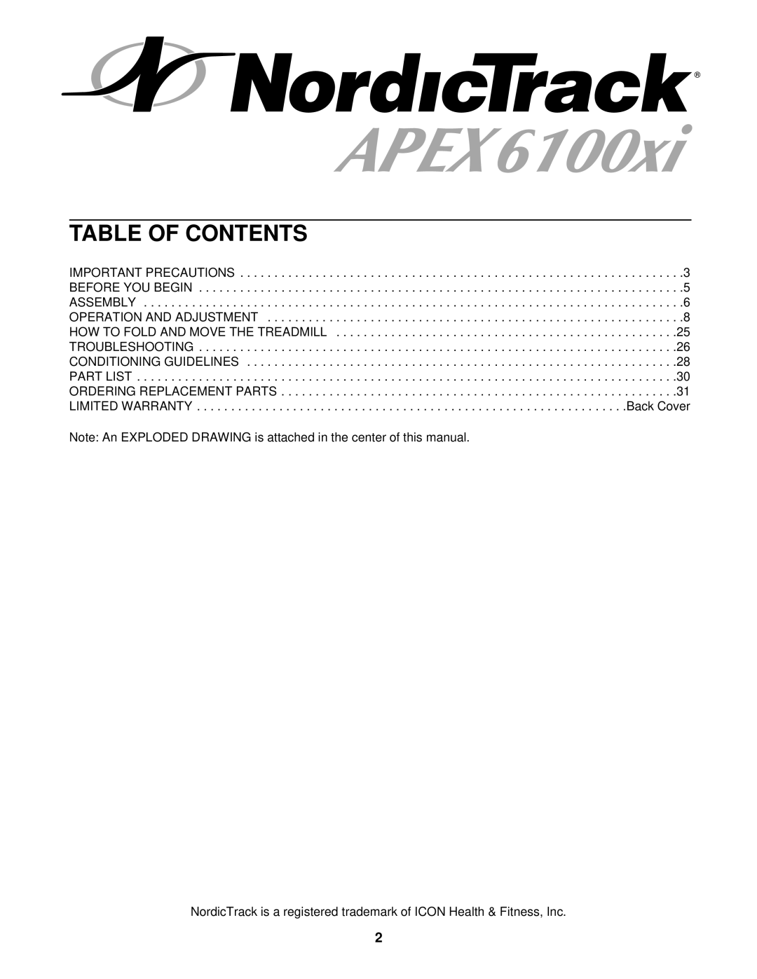 NordicTrack NTTL25905 user manual Table of Contents 