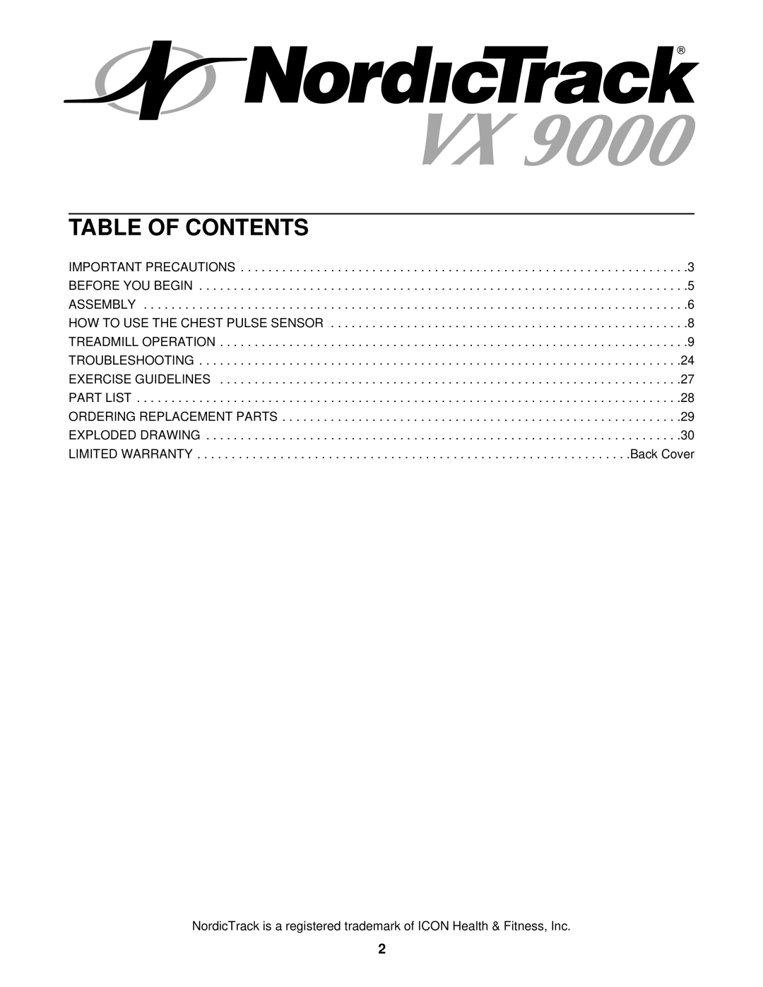 NordicTrack NTTL39910 user manual Table of Contents 