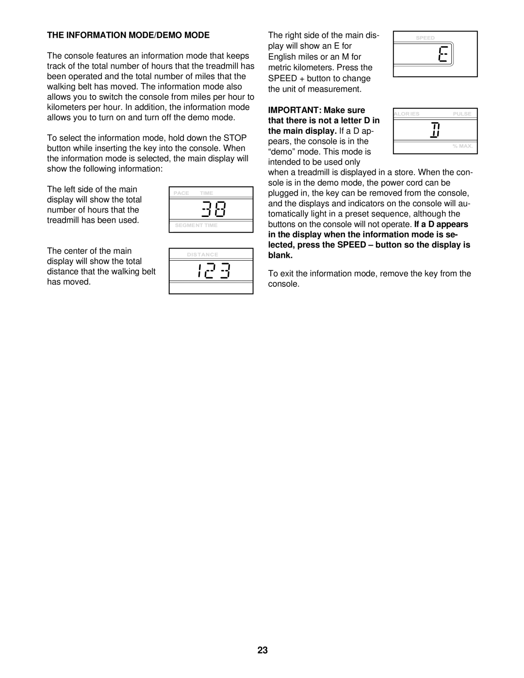 NordicTrack NTTL39910 user manual Information MODE/DEMO Mode 