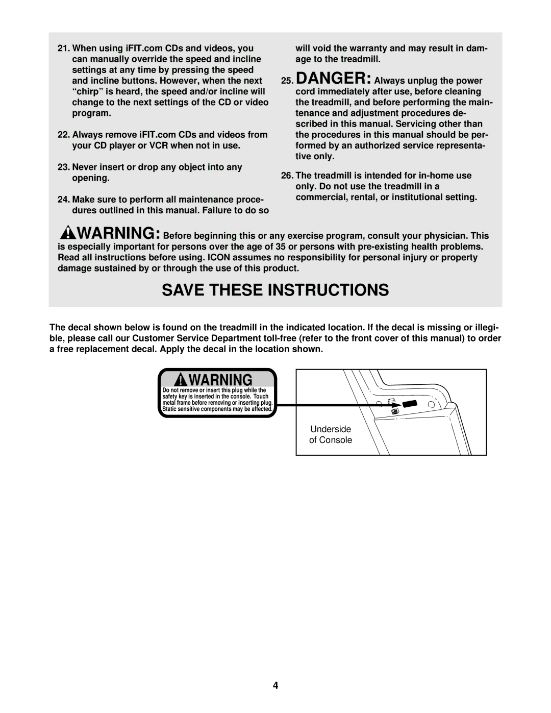 NordicTrack NTTL39910 user manual Underside Console 