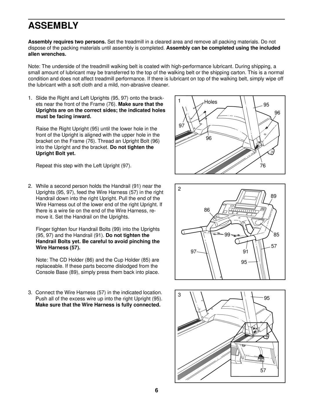 NordicTrack NTTL39910 user manual Assembly, Upright Bolt yet, Make sure that the Wire Harness is fully connected 