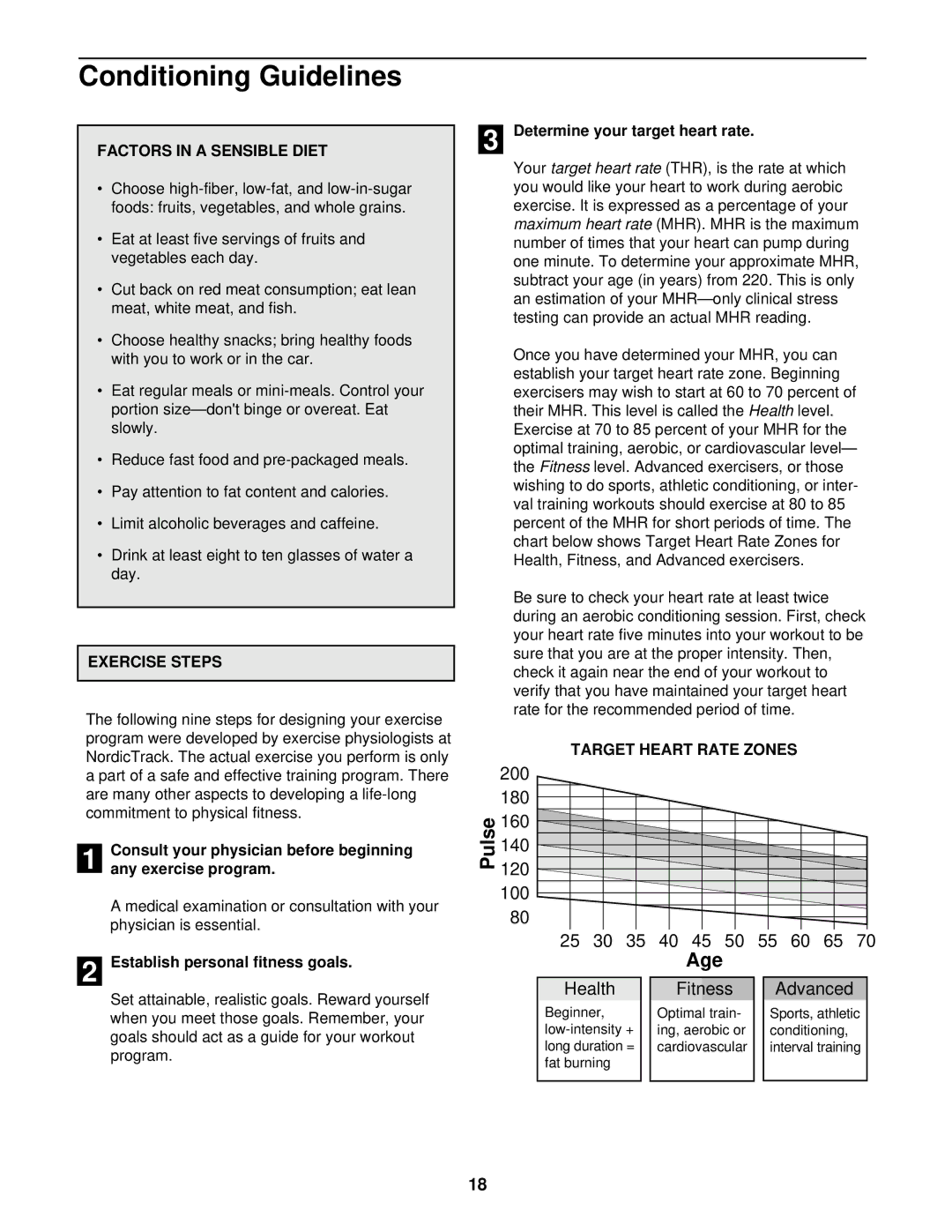 NordicTrack NTTL90080 manual Conditioning Guidelines, Factors in a Sensible Diet, Exercise Steps, Any exercise program 