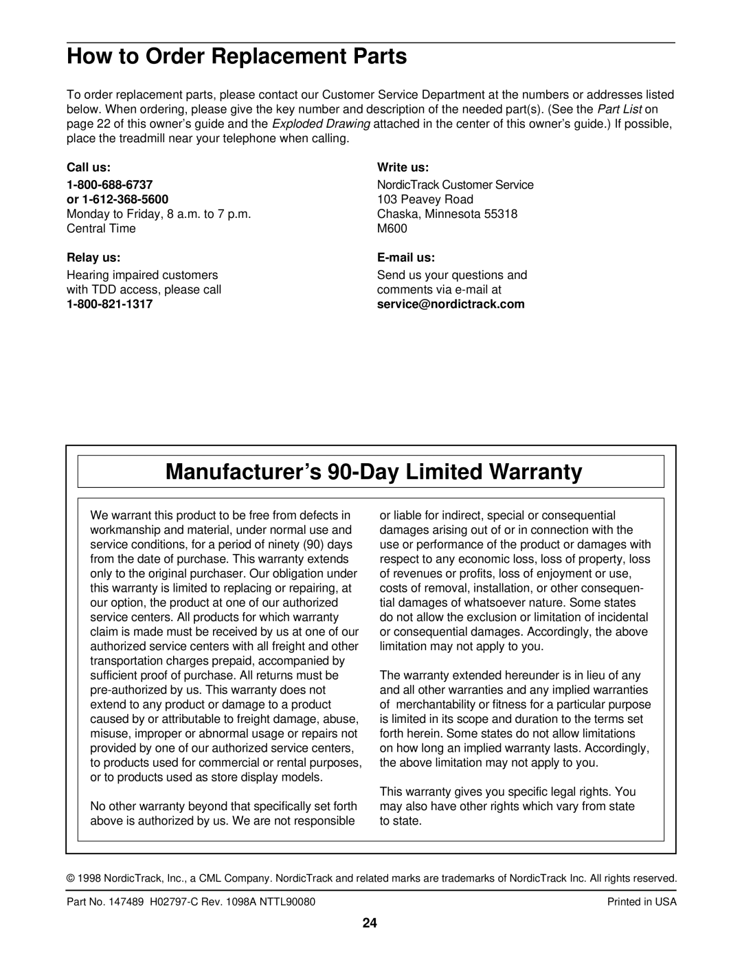 NordicTrack NTTL90080 manual How to Order Replacement Parts, Manufacturer’s 90-Day Limited Warranty, Call us Write us 