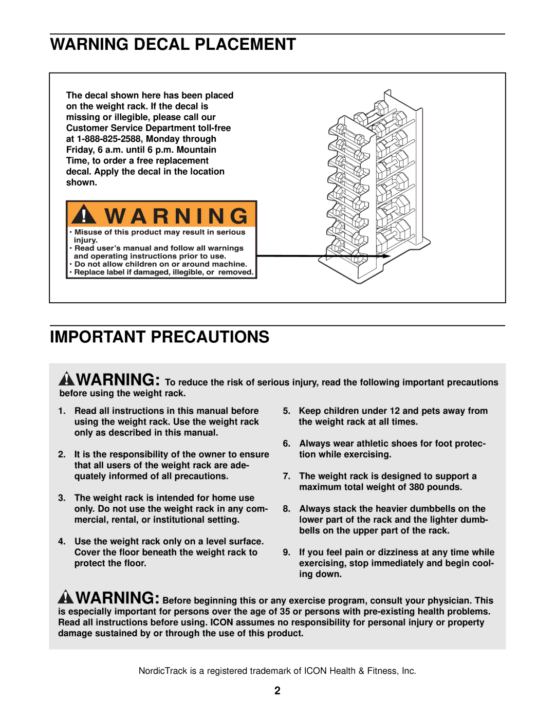 NordicTrack NTW00630 user manual Important Precautions 