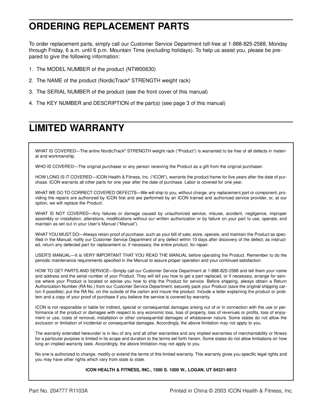 NordicTrack NTW00630 user manual Ordering Replacement Parts, Limited Warranty 