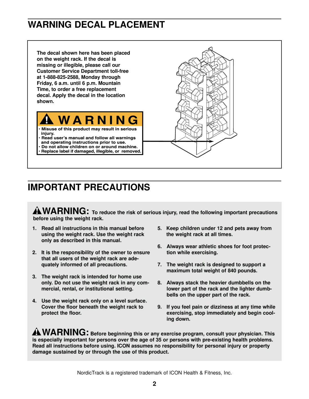 NordicTrack NTW00730 user manual Important Precautions 