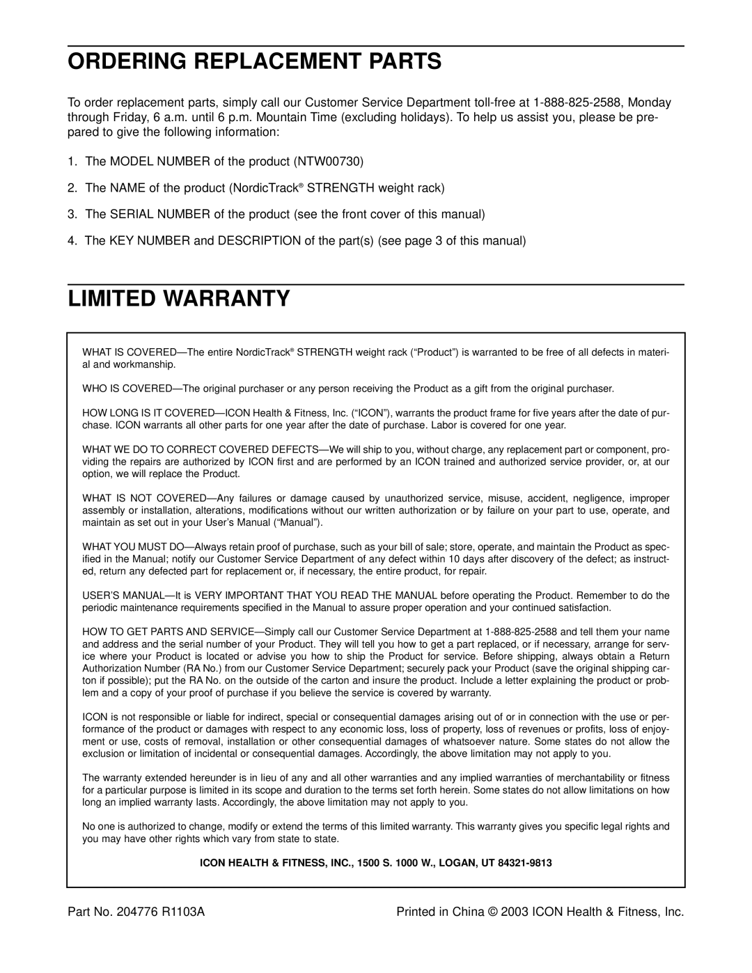 NordicTrack NTW00730 user manual Ordering Replacement Parts, Limited Warranty 