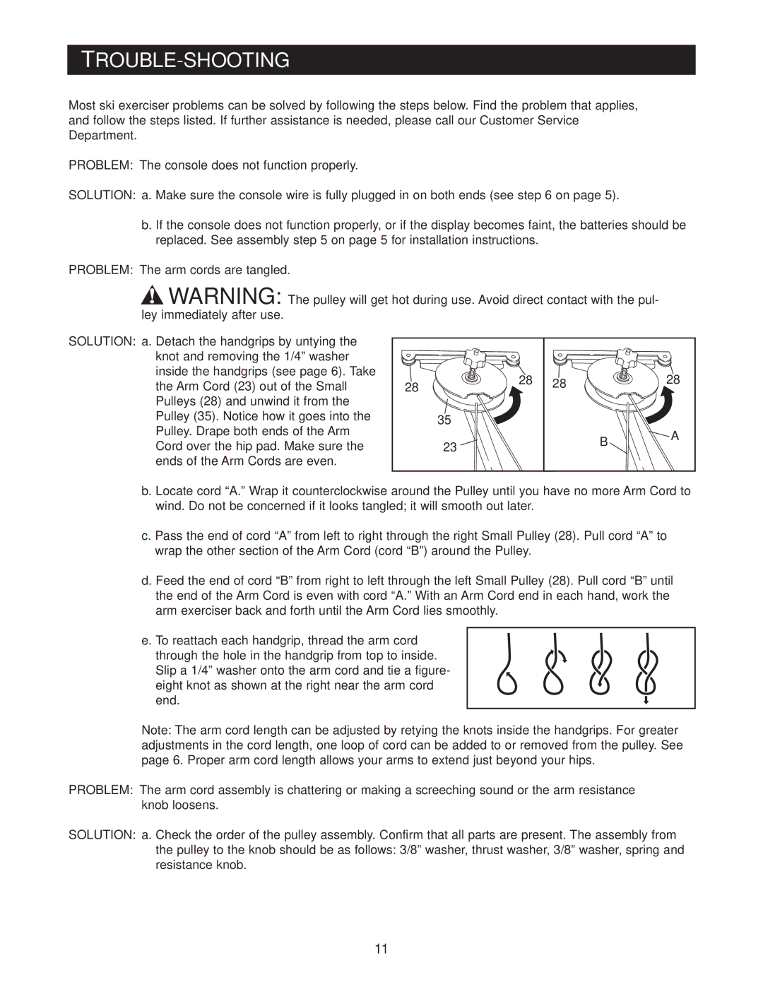 NordicTrack NTXC80181 user manual Trouble-Shooting, Problem The arm cords are tangled 