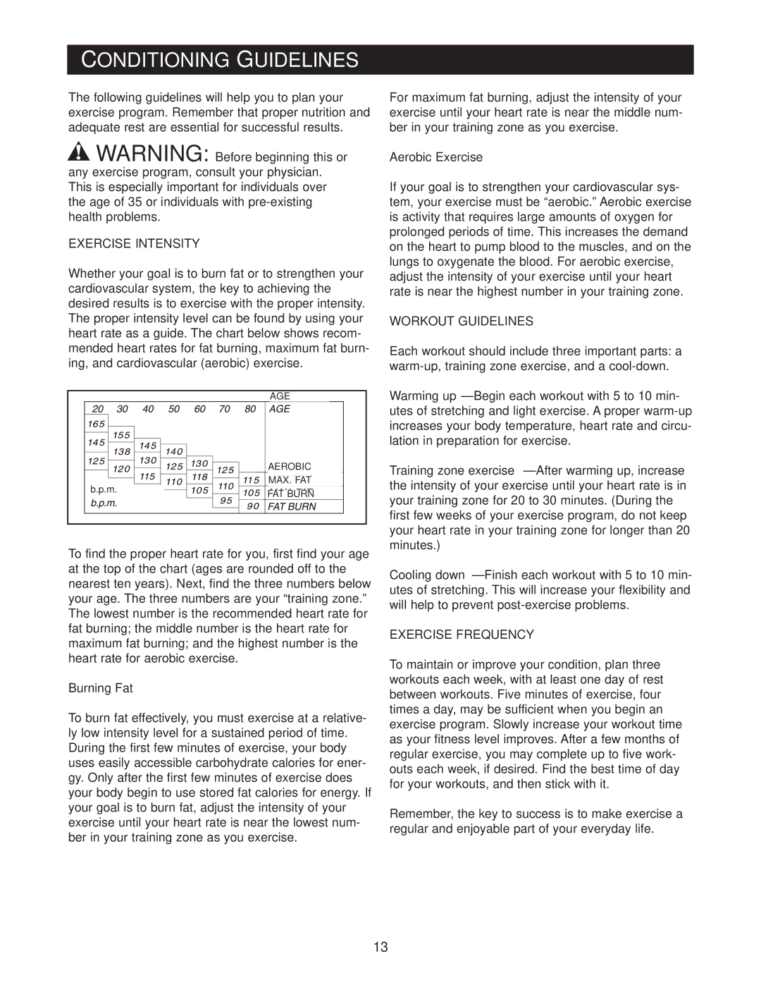 NordicTrack NTXC80181 user manual Conditioning Guidelines, Exercise Intensity, Workout Guidelines, Exercise Frequency 