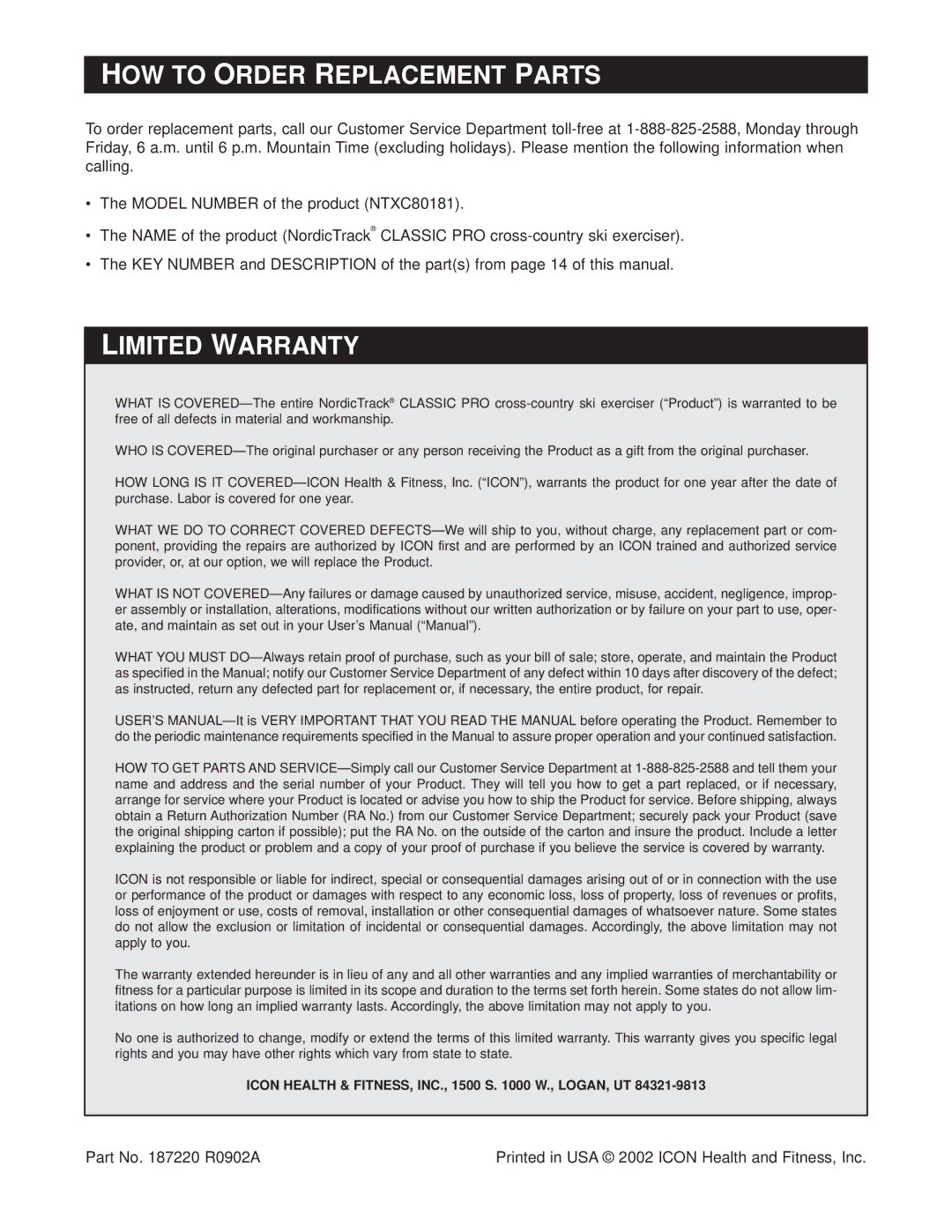 NordicTrack NTXC80181 user manual HOW to Order Replacement Parts, Limited Warranty 