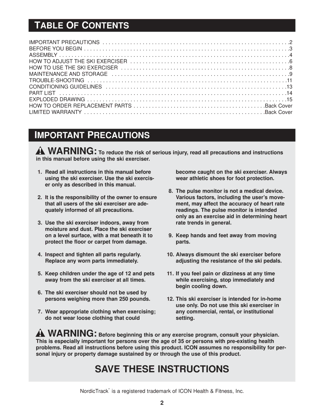 NordicTrack NTXC80181 user manual Table of Contents, Important Precautions 