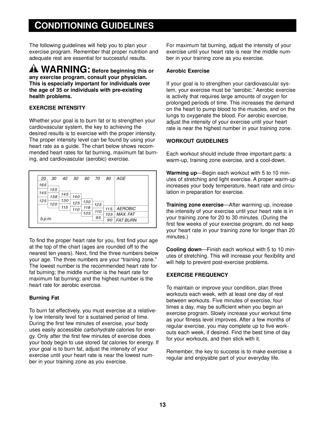 NordicTrack NTXC80182 user manual Conditioning Guidelines, Exercise Intensity, Workout Guidelines, Exercise Frequency 