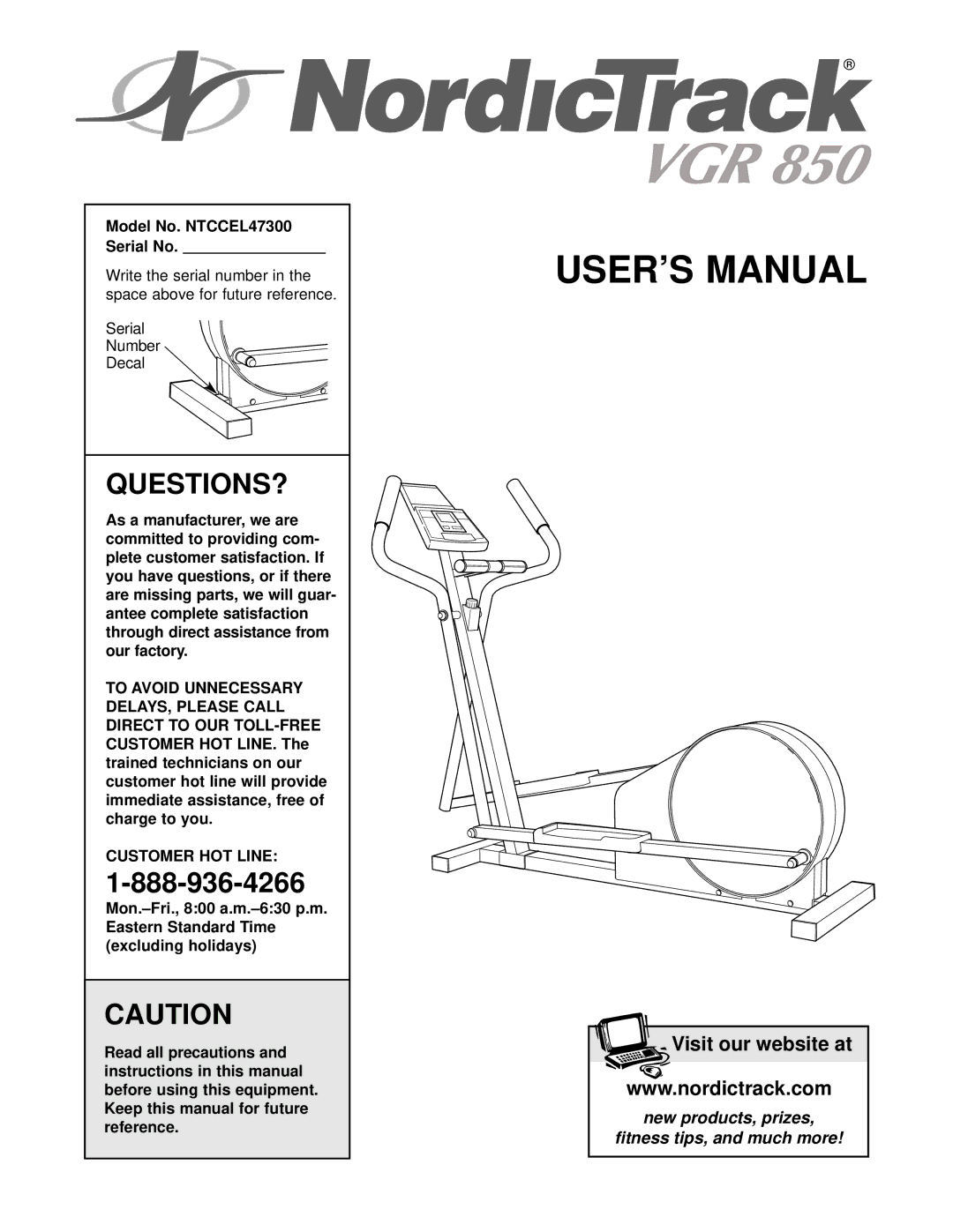 NordicTrack VGR 850 user manual Questions?, To Avoid Unnecessary, Customer HOT Line 