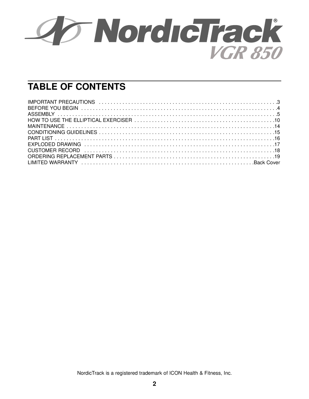 NordicTrack VGR 850 user manual Table of Contents 