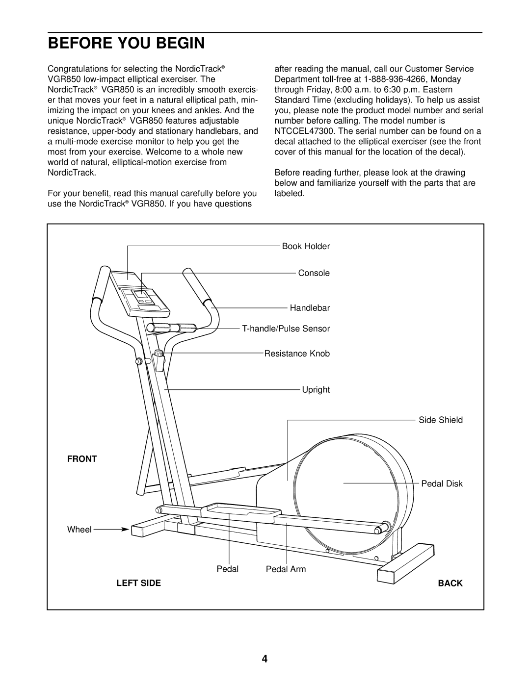 NordicTrack VGR 850 user manual Before YOU Begin, Front, Left Side Back 