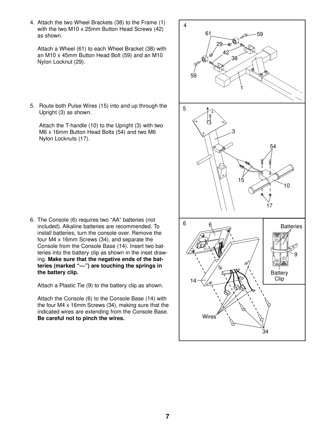 NordicTrack VGR 850 user manual Battery clip, Be careful not to pinch the wires 