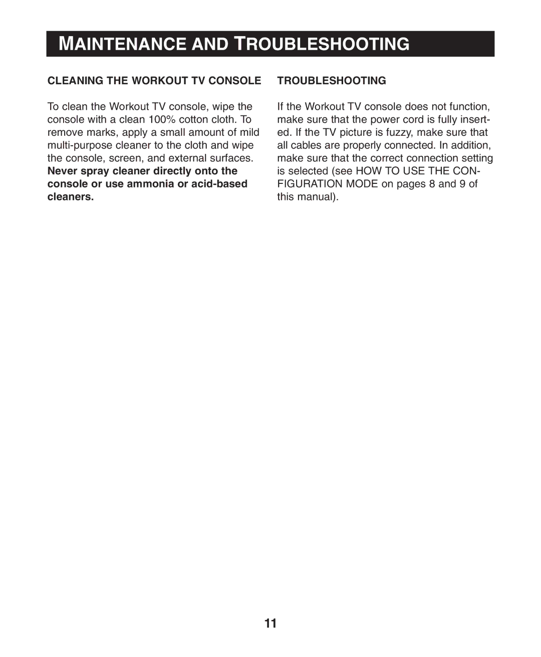 NordicTrack user manual Maintenance and Troubleshooting, Cleaning the Workout TV Console 