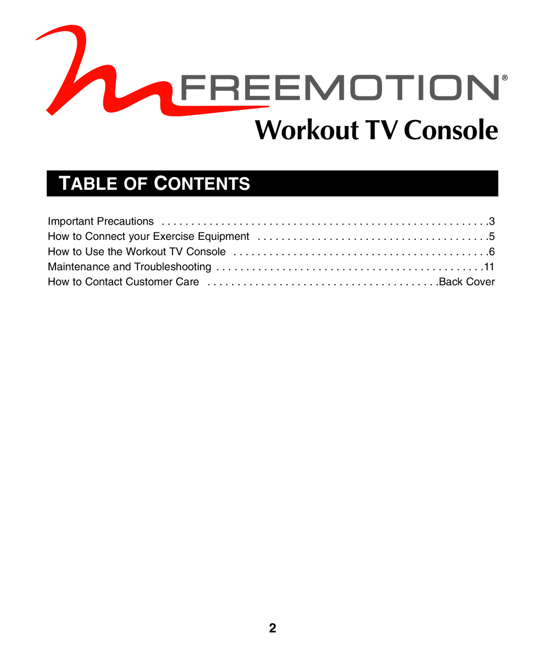 NordicTrack Workout TV Console user manual Table of Contents 