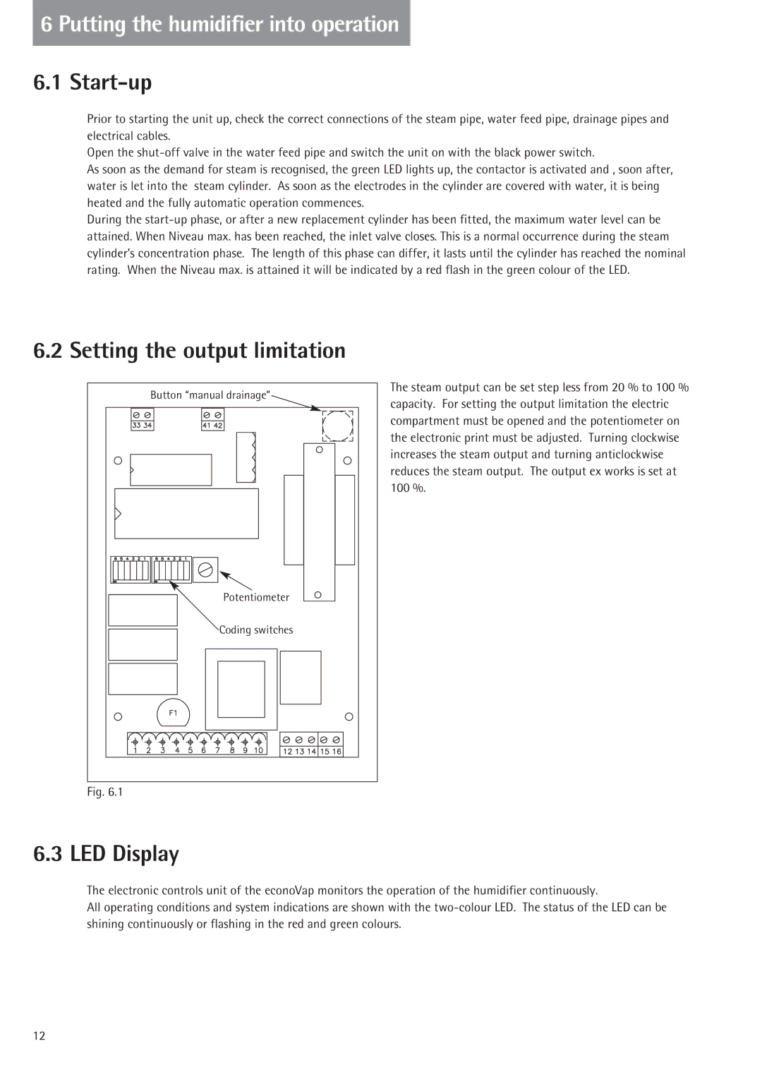 Nordmende 2401935EN0801 manual Putting the humidifier into operation, Start-up, Setting the output limitation, LED Display 