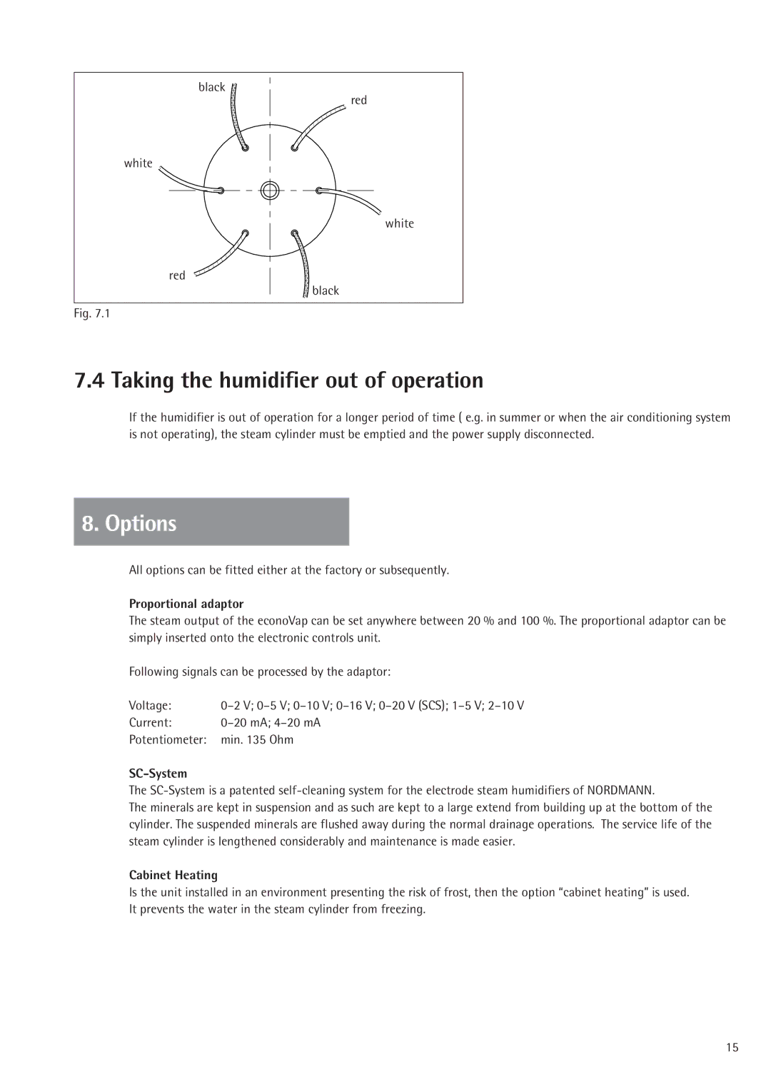 Nordmende 2401935EN0801 Taking the humidifier out of operation, Options, Proportional adaptor, SC-System, Cabinet Heating 