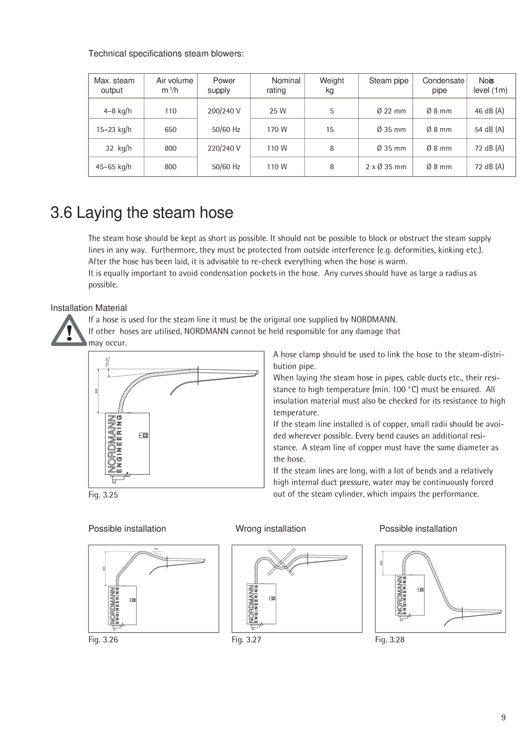 Nordmende 2401935EN0801 manual Laying the steam hose, Technical specifications steam blowers, Installation Material 