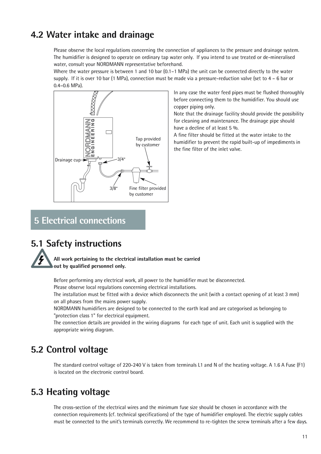 Nordmende 2401935EN0801 manual Water intake and drainage, Electrical connections, Safety instructions, Control voltage 