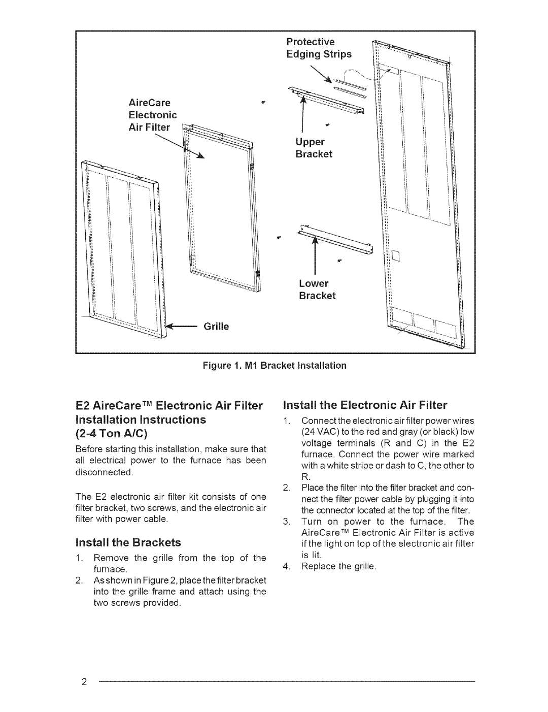 Nordyne 707831C E2 AireCare TM Electronic Air Filter, installation Instructions 2-4 Ton A/C, Install the Brackets, Lower 