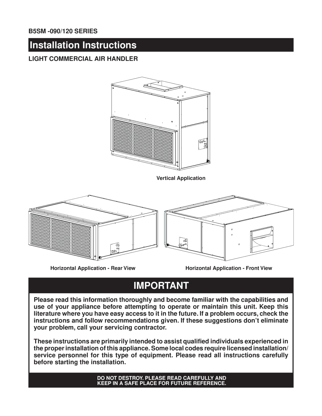 Nordyne B5SM -090 installation instructions Installation Instructions 