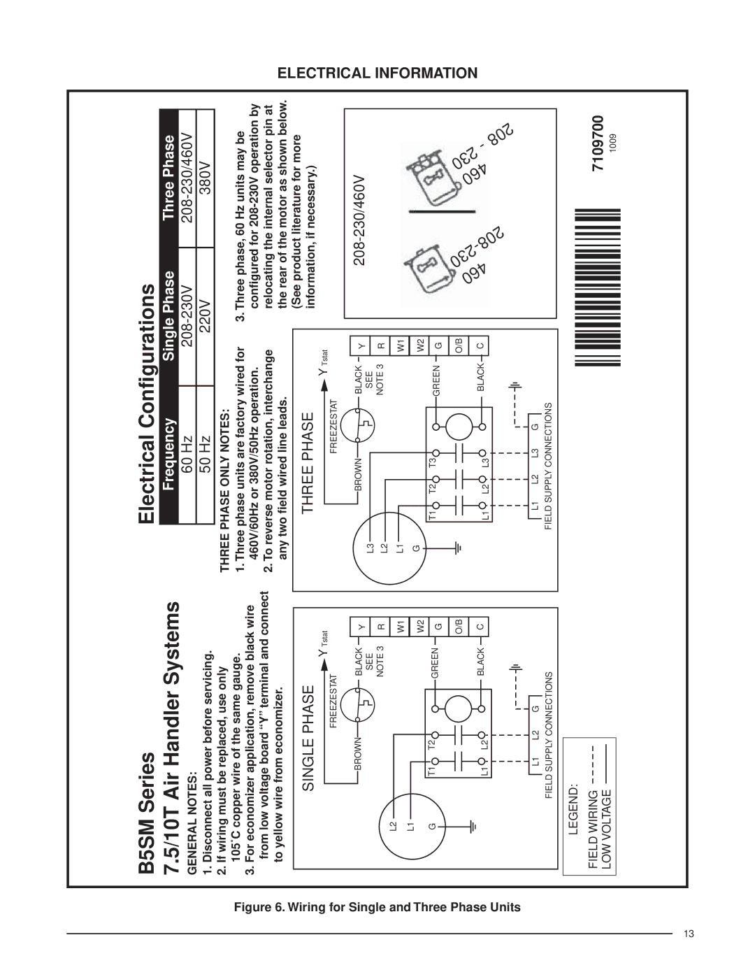 Nordyne B5SM -090 installation instructions General Notes, To yellow wire from economizer, Three Phase only Notes 