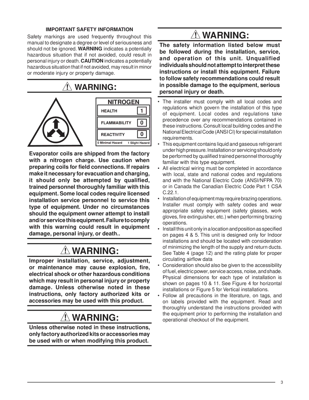 Nordyne B5SM -090 installation instructions Nitrogen, Important Safety Information 