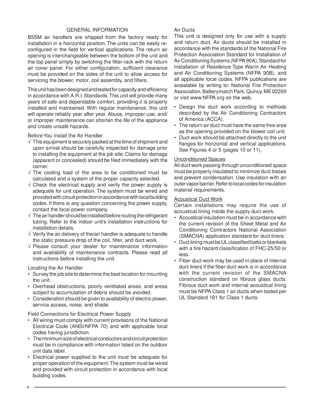 Nordyne B5SM -090 General Information, Before You Install the Air Handler, Locating the Air Handler, Air Ducts 