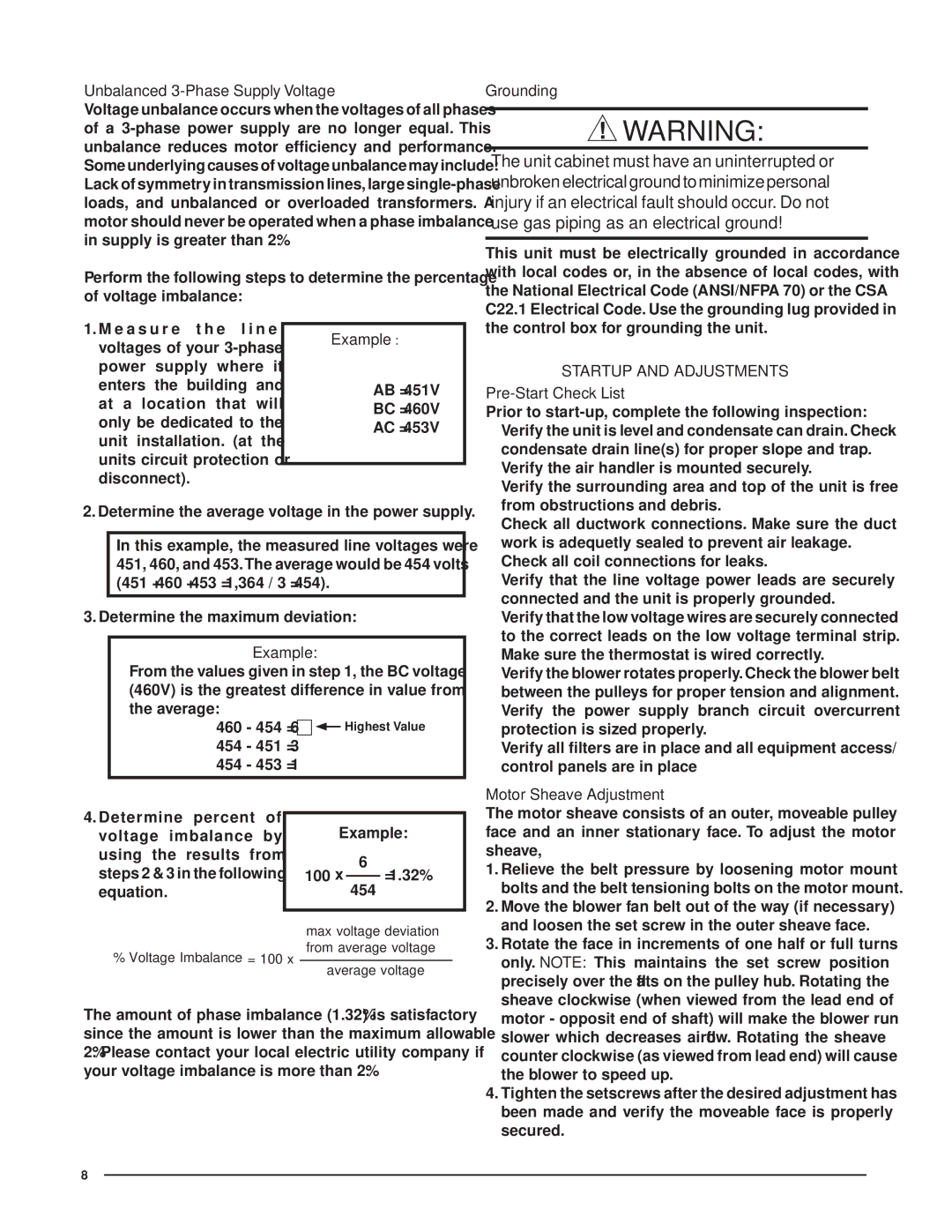 Nordyne B5SM -090 Unbalanced 3-Phase Supply Voltage, Example, Startup and Adjustments Pre-Start Check List 