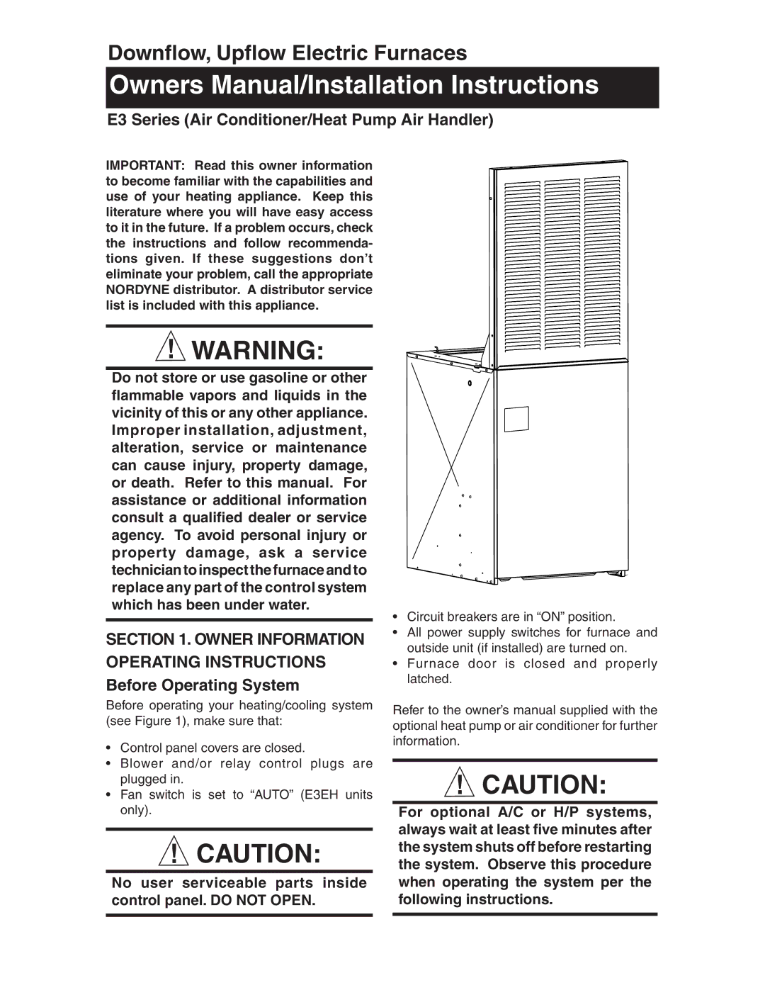 Nordyne user service Downﬂow, Upﬂow Electric Furnaces, E3 Series Air Conditioner/Heat Pump Air Handler 