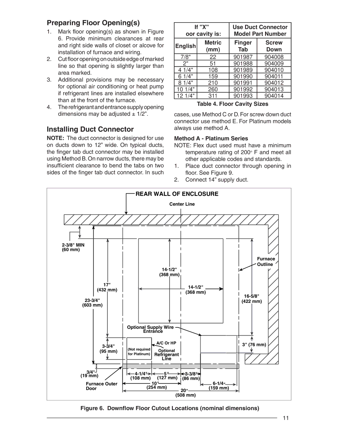 Nordyne E3 user service Preparing Floor Openings, Installing Duct Connector, Floor Cavity Sizes, Method a Platinum Series 